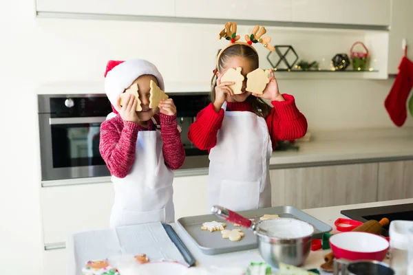 Cheerful Siblings Wearing Santa Reindeer Hat Playing Baked Cookies While — Stock Photo, Image