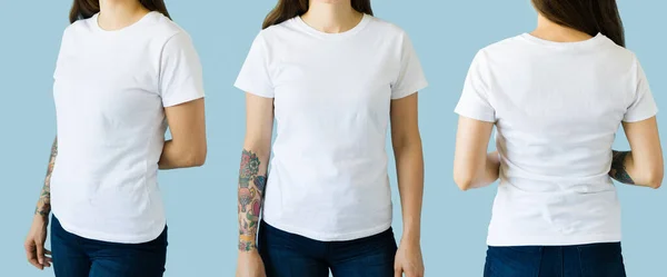 Collage Una Joven Con Una Camiseta Blanca Casual Para Diseño —  Fotos de Stock