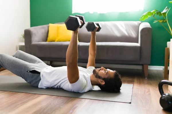 Side View Strong Young Man Lying Exercise Mat Lifting Two — Stock Photo, Image