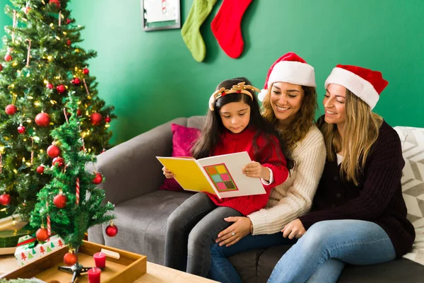 Christmas Story Adorable Little Girl Reading Aloud Fairy Tale Her — Stock Photo, Image