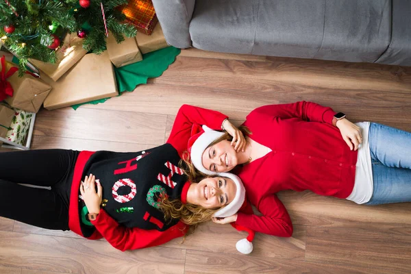 High Angle Two Gay Women Resting Living Room Floor While — Stock Photo, Image