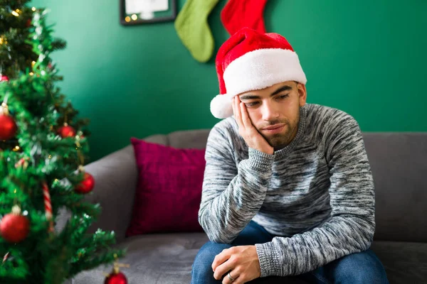 Depressed Young Man Abandoned Christmas Eve Lonely Man Feeling Sad — Stock Photo, Image