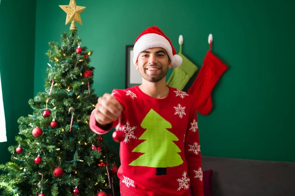 Portrait Latin Young Man Decorating His Home Christmas Tree Holidays — Stock Photo, Image