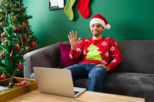 Hello Happy Young Man Waving Talking Family Online Video Call — Stock Photo, Image