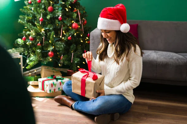 Opening Christmas Presents Excited Young Woman Holding Beautiful Gift Christmas — Stock Photo, Image