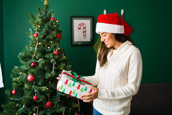 Excited Young Woman Excited Christmas Gifts Holding Present Next Tree — Stock Photo, Image