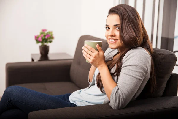Woman with hot cup — Stock Photo, Image