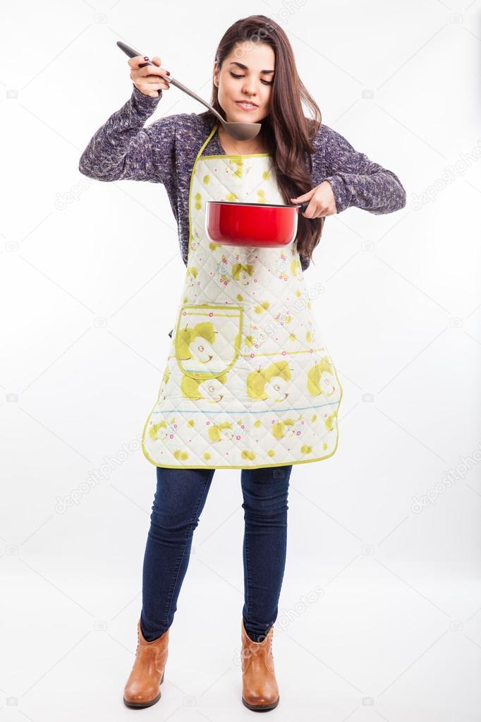 Brunette wearing an apron