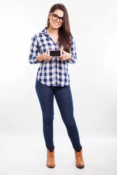 Girl showing the screen — Stock Photo, Image