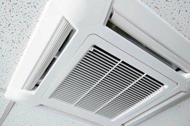 Indoor air conditioner view. Ventilation grill in the ceiling. Fresh clean air clipart