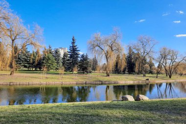 Nehir ya da gölü olan küçük bir park manzarası güzel.