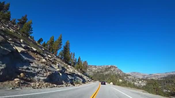 Comboio Carros Dirige Longo Uma Estrada Cênica Yosemite Park — Vídeo de Stock