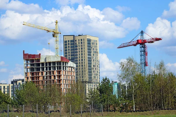 View Construction Cranes Building Modern Houses Blue Sky White Clouds Stock Picture
