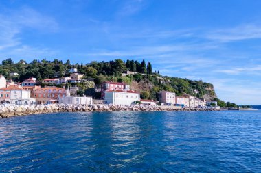 Slovenya 'nın Piran kentinin resimli manzarası. Adriyatik Denizi Kıyısı.
