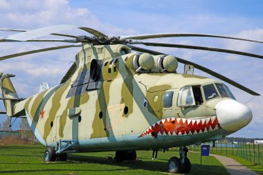 Minsk, Belarus, May 7, 2019 Painted old Soviet helicopter