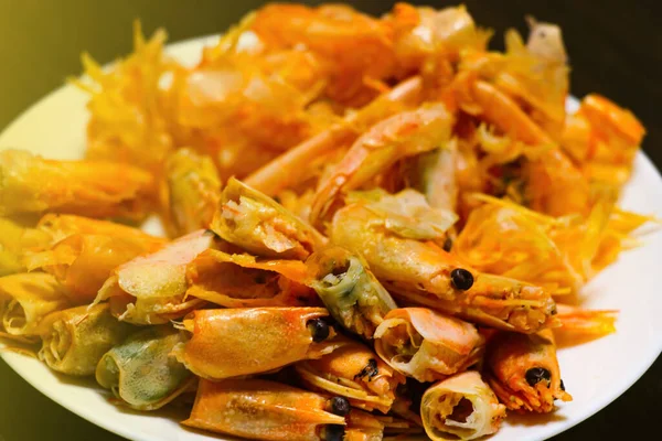 Delicious Shrimp Heads Plate Eating — Stock Photo, Image