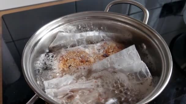 Buckwheat Bags Boiled Saucepan — Stock Video