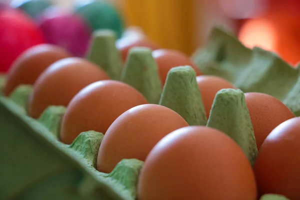 Caja Contiene Huevos Tienda Productos Frescos Caseros Alimentos Respetuosos Con — Foto de Stock