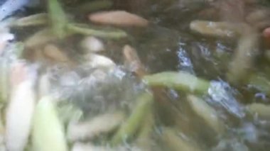 Bir tencerede makarna pişirirken yukarıdan yaklaş.