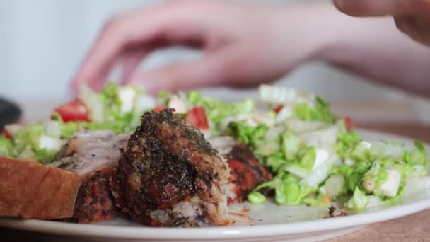 Primer Plano Una Comida Carne Con Ensalada Fresca — Vídeo de stock