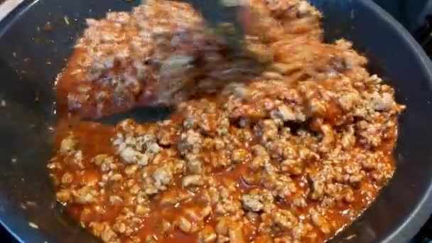 Cooked Minced Meat Skillet Spices — Stock video