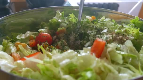 Seasonings Poured Fresh Vegetable Salad Healthy Wholesome Food — Stockvideo