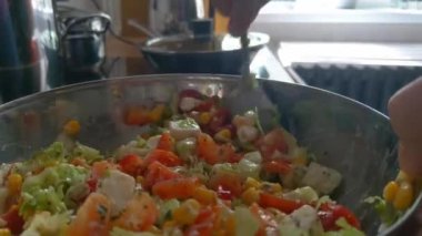 Kız hafif bir sebze salatası yapar ve bir kaşıkla tabakta karıştırır. Faydalı sağlıklı yiyecekler, diyet