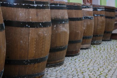 Close-up on barrels for storing wine and other alcohol