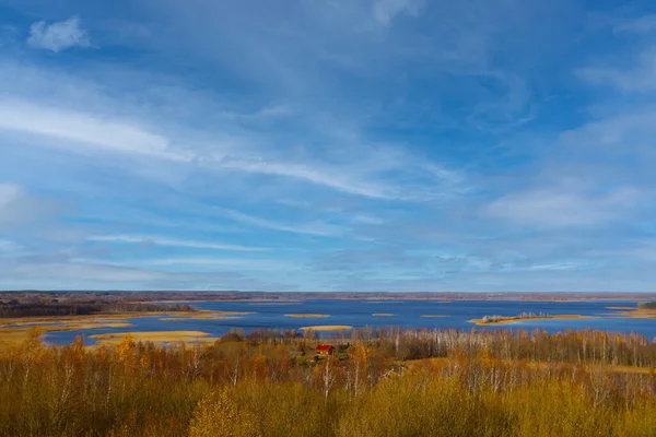 Blurry background, out of focus. View from the drone on the lakes and forest in the fall