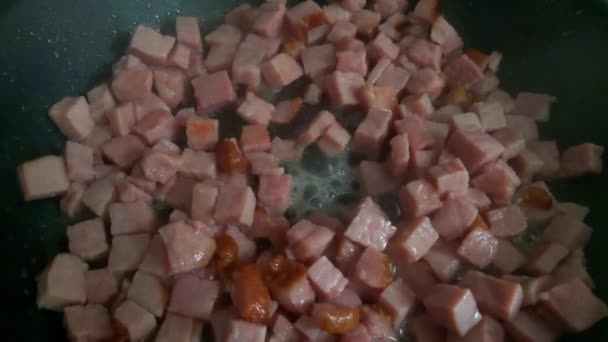 Vista Cozinhar Pequenos Pedaços Carne Uma Panela Ato Fritar — Vídeo de Stock