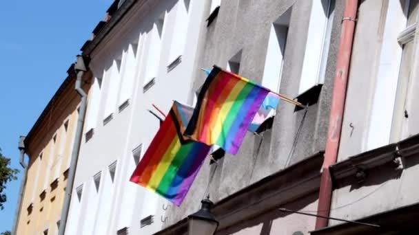 Eine Regenbogenfahne weht über dem alten Gebäude. LGBT-Transgender-Symbol und Gleichberechtigung