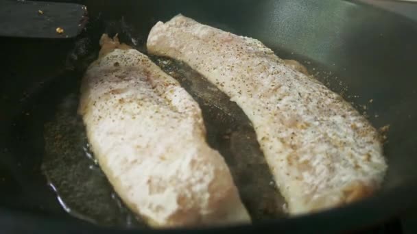 A halat serpenyőben sütik. Házi készítésű étel. — Stock videók