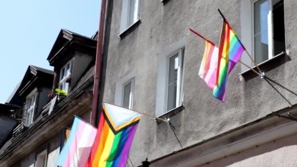 Bandiera lgbt multicolore sulla costruzione della casa. LGBT gay orgoglio bandiera sventolando nel vento. — Video Stock