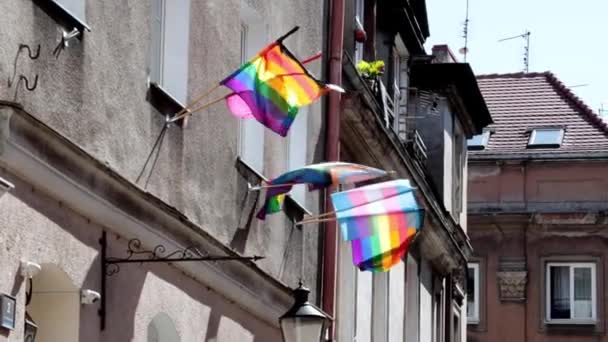 HBTQ gay stolthet flagga vinkar i vinden. Begreppet lesbisk, homosexuell, bisexuell, transpersoner, homosexuell, stolthet parad gatufest. — Stockvideo