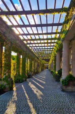 Batan güneşi olan güzel bir bina.