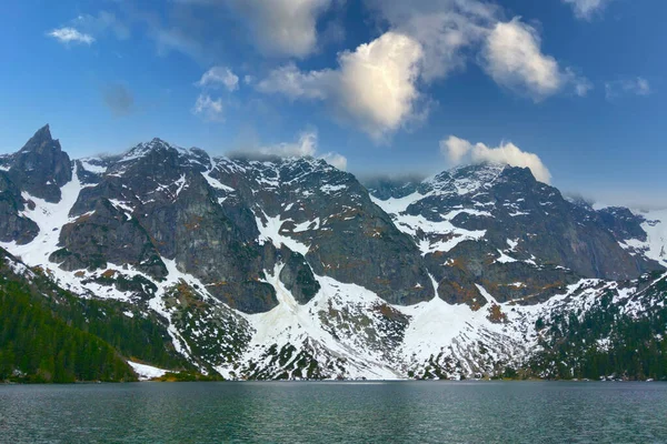 Veduta Pittoresca Lago Montagna Con Rocce Neve Contro Cielo Blu — Foto Stock