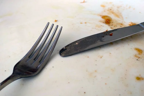 Vista Del Plato Blanco Sucio Después Comer —  Fotos de Stock