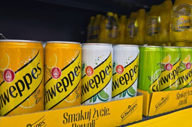 Wroclaw, Polonya, 22 Kasım 2025: Schweppes içecek kutuları, bir mağaza rafına yerleştirilmiş limon ve tonik gibi çeşitli tatlarda. Perakende ortamda parlak, renkli ambalaj işaretleri ve ürün çeşitliliği.