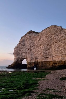 Görkemli kıyı kaya oluşumları sakin bir günbatımı arka planına karşı, okyanus uzakta. Yosun kaplı taşlar, doğanın sanatının ebedi güzelliği olan kıyı şeridini doldurur..