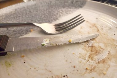 Yemekten sonra kirli bir tabağa yakından bakmak. İçinde yemek artıkları ve kullanılmış çatal ve bıçak var. Sahne gündelik yemek, günlük yaşam ve yemek deneyimlerinin sonuçlarını yansıtıyor..