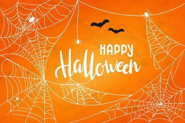 Vector Halloween background with cobweb. Happy Halloween hand drawn lettering with white webs and spiders. Banner, flyer, greeting card or party invitation illustration — Stock Illustration Vector Halloween background with cobweb. Happy Halloween hand drawn lettering with white webs and spiders. Banner, flyer, greeting card or party invitation illustration Royalty Free Stock Vectors