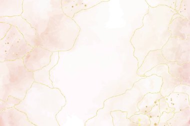 Abstract dusty blush liquid watercolor background with golden crackers. Pastel marble alcohol ink drawing effect. Vector illustration design template for wedding invitation