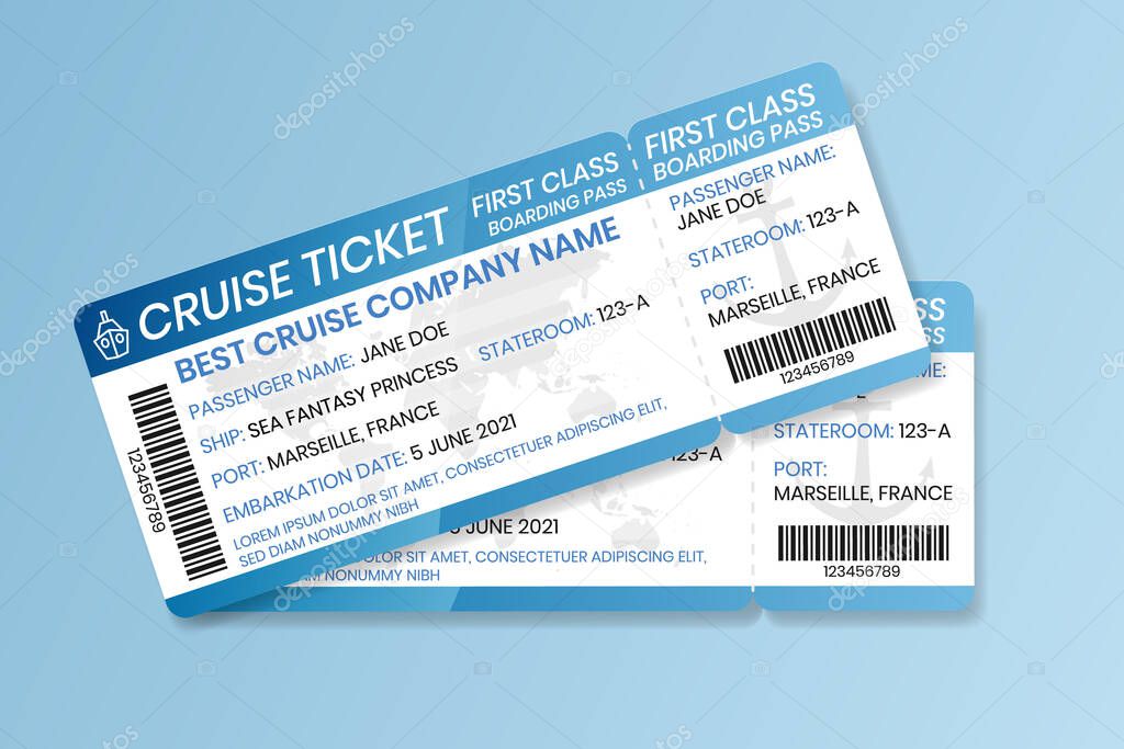 Cruise boarding pass design template. Ferry boat ticket mockup. Vector illustration of control coupon for access to ship, with barcode