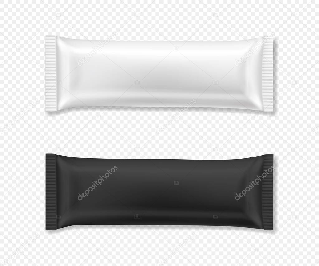 Flow package mockup. Vector realistic illustration of chocolate bar wrapper pack, in white and black color, top view. Ready to eat snack in blank foil wrapper for product design and branding