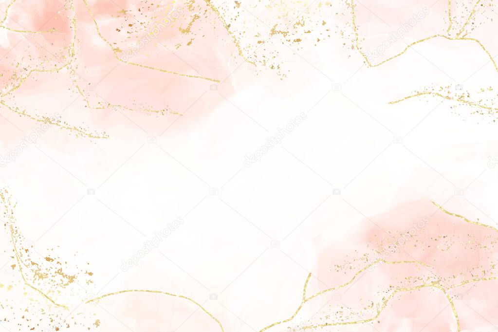 Abstract dusty blush liquid watercolor background with golden crackers. Pastel pink marble alcohol ink drawing effect. Vector illustration design template for wedding invitation