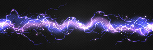 Realistic lightning powerful discharge on dark background. Electric wave from side to side. Thunder shock effect, bright blazing thunder light strike in darkness. Vector 3d illustration of energy flow