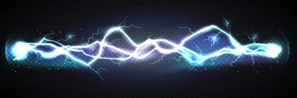 现实的闪电在黑暗的背景下强烈放电.电波从一边到另一边.雷电冲击效果,在黑暗中发出雷声.矢量3D表示能量流 — 图库矢量图片