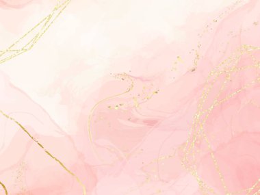 Altın çokgen çizgileri olan soyut tozlu pembe sıvı suluboya arka plan. Pastel mermer alkol mürekkebi çizim efekti. Düğün davetiyesi için vektör illüstrasyon tasarım şablonu