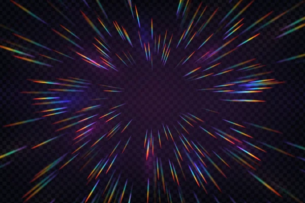 Rainbow halo strålar isolerad på mörk transparent bakgrund. Holografiska linsreflektioner. Vektor realistisk illustration av prisma radial refraktion solstrålar — Stock vektor