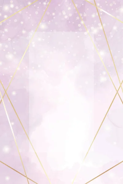 Abstrato pó líquido violeta aquarela fundo com linhas poligonais douradas e chama de luz. Efeito de desenho de tinta de álcool de mármore pastel. Modelo de design de ilustração vetorial para convite de casamento —  Vetores de Stock